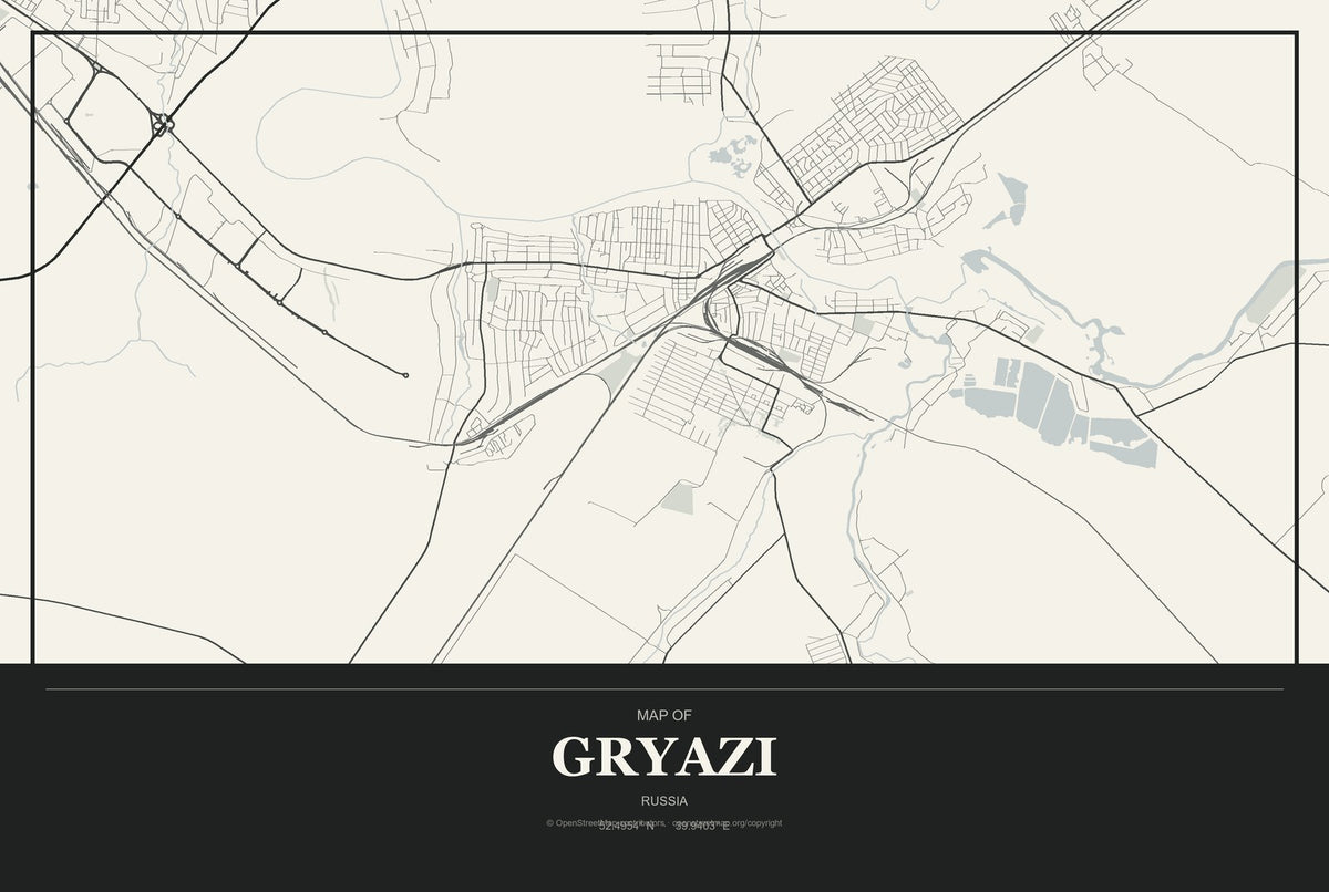 Gryazi, Russia City Map Aluminum Sign in Museum Plaque style