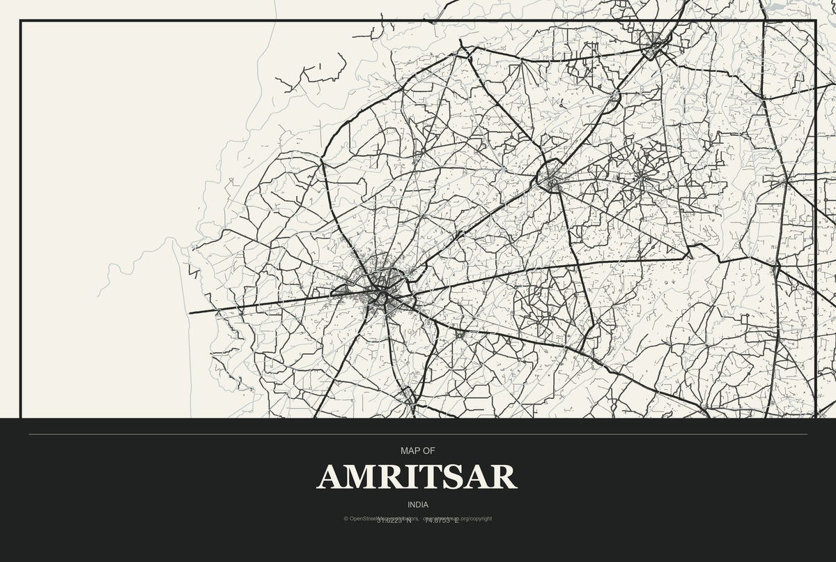 Amritsar, India City Map Aluminum Sign in Museum Plaque style