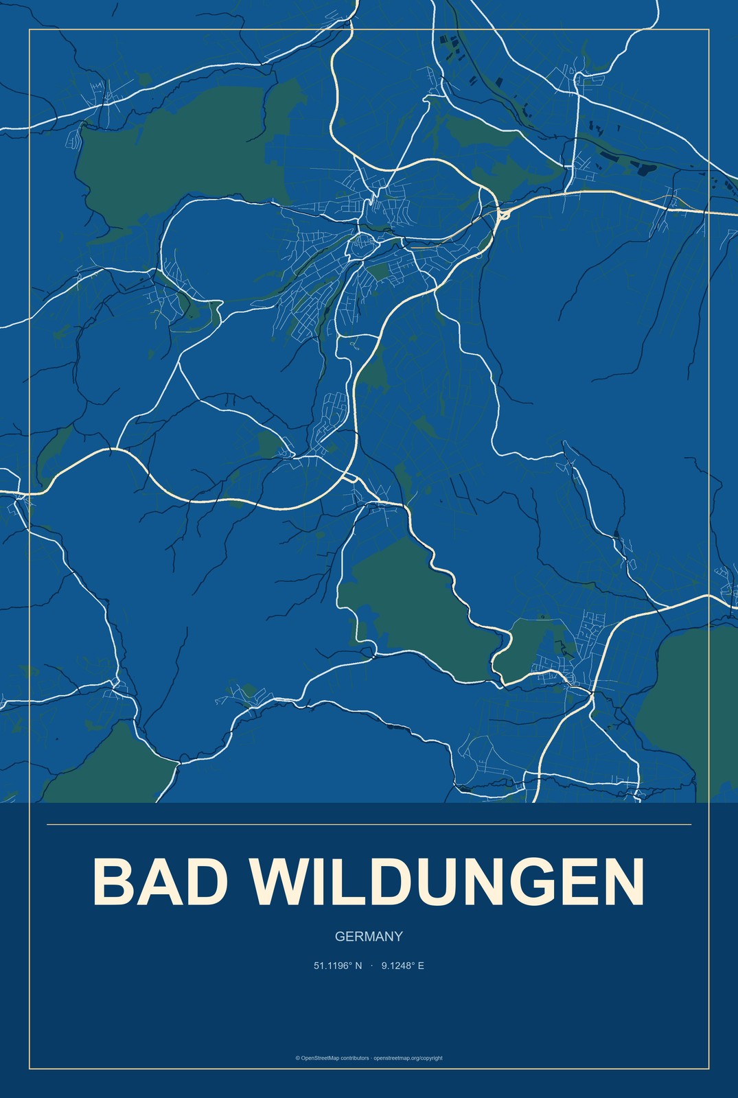 Bad Wildungen, Germany City Map Aluminum Sign in Harbor Cobalt style