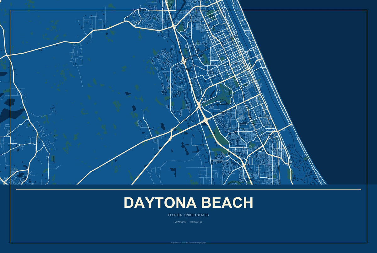 Daytona Beach, Florida City Map Aluminum Sign in Harbor Cobalt style
