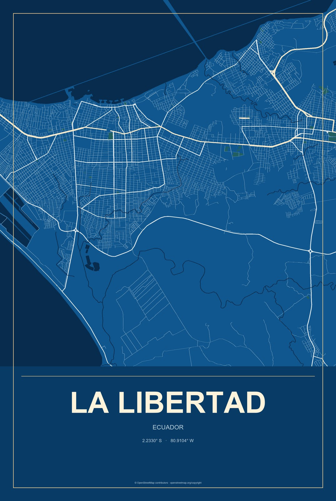La Libertad, Ecuador City Map Aluminum Sign in Harbor Cobalt style