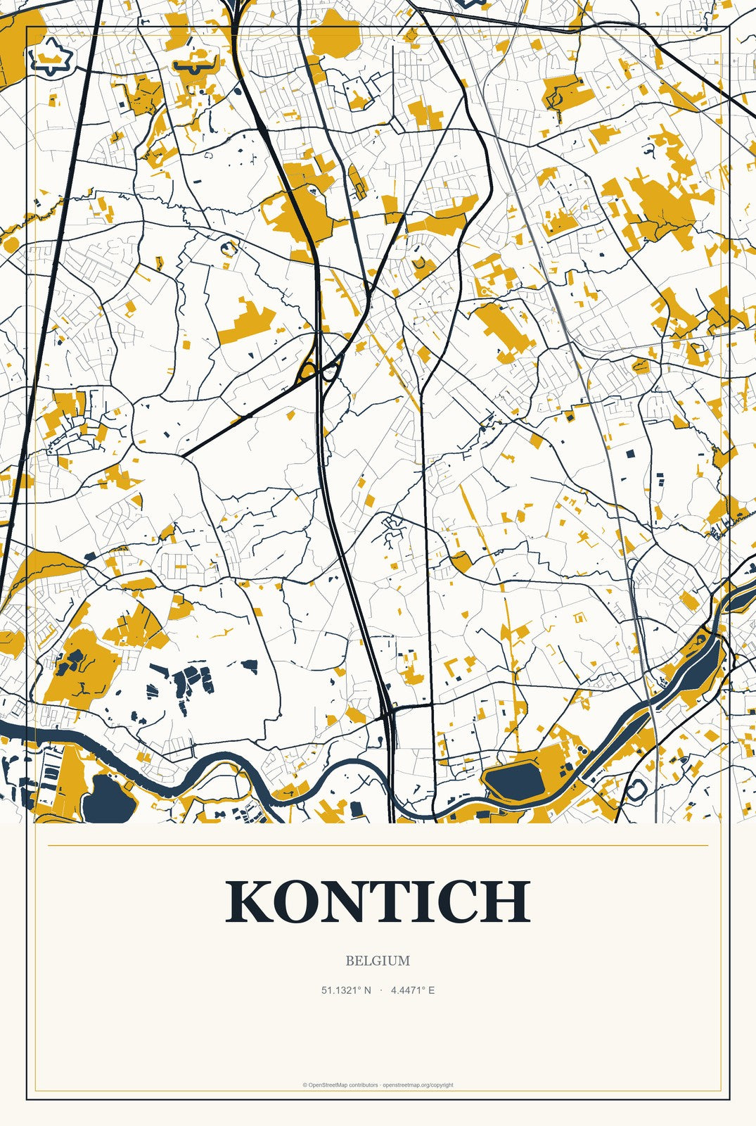 Kontich, Belgium City Map Aluminum Sign in Citrine Modern style