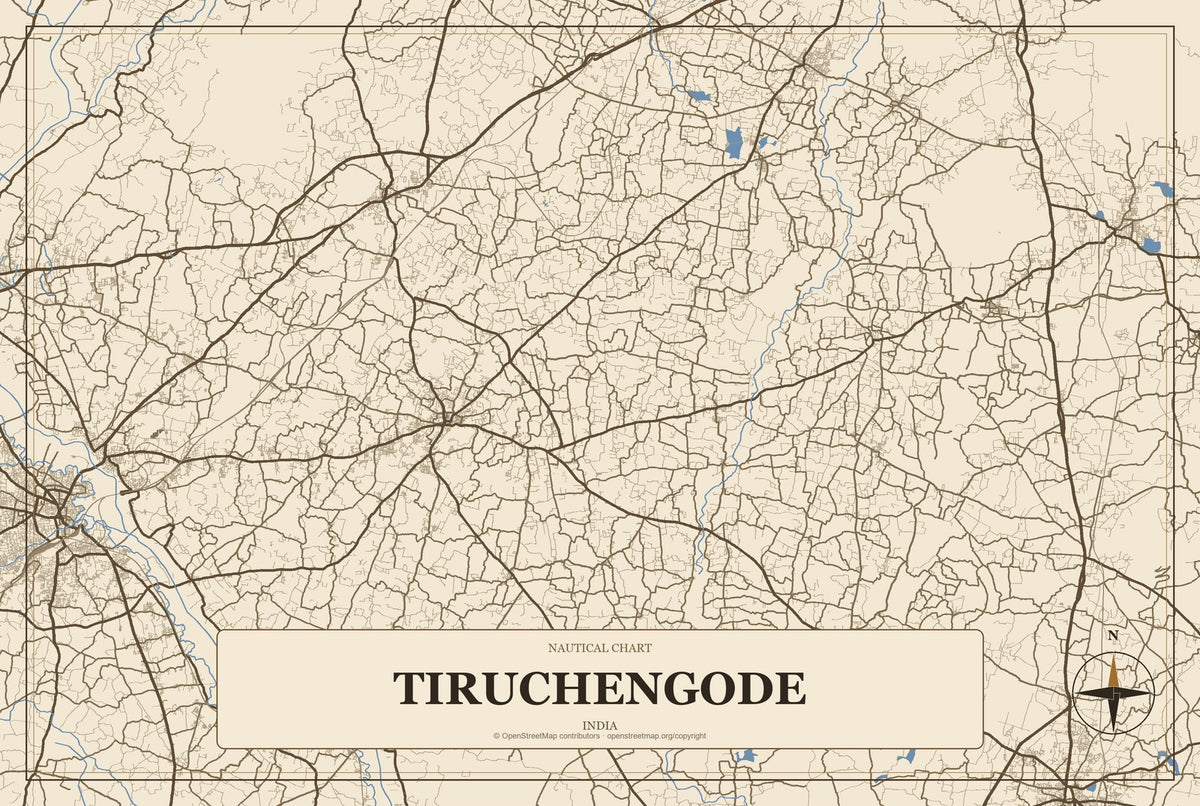 Tiruchengode, India City Map Aluminum Sign in Heritage Nautical style