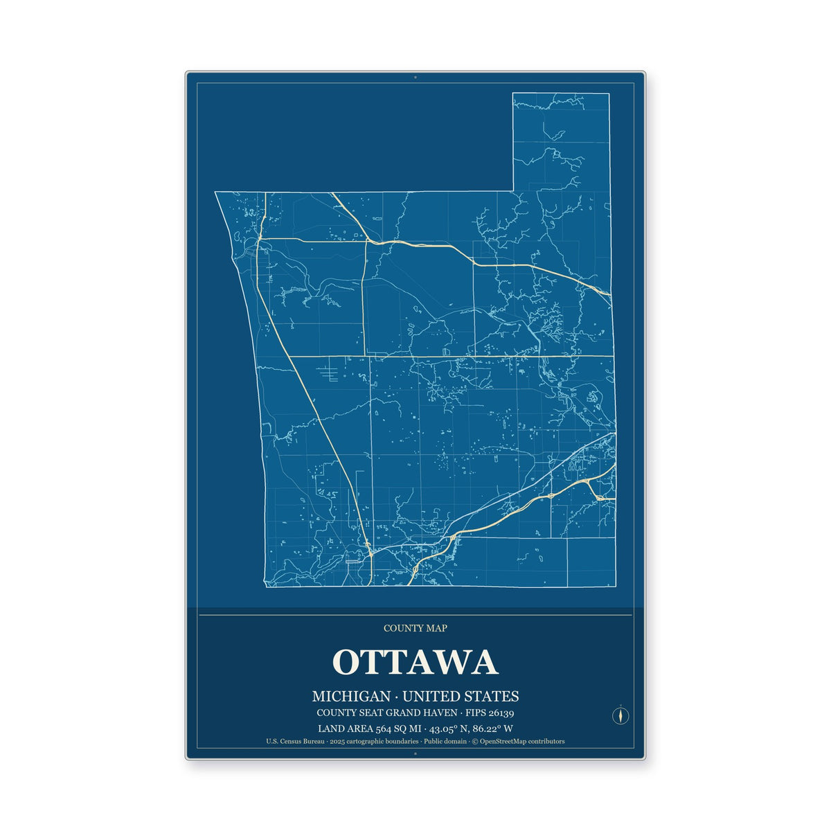 Ottawa County, Michigan Map Aluminum Sign in Harbor Cobalt style