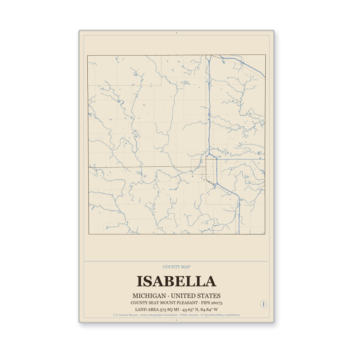 Isabella County, Michigan Map Aluminum Sign in Heritage Nautical style