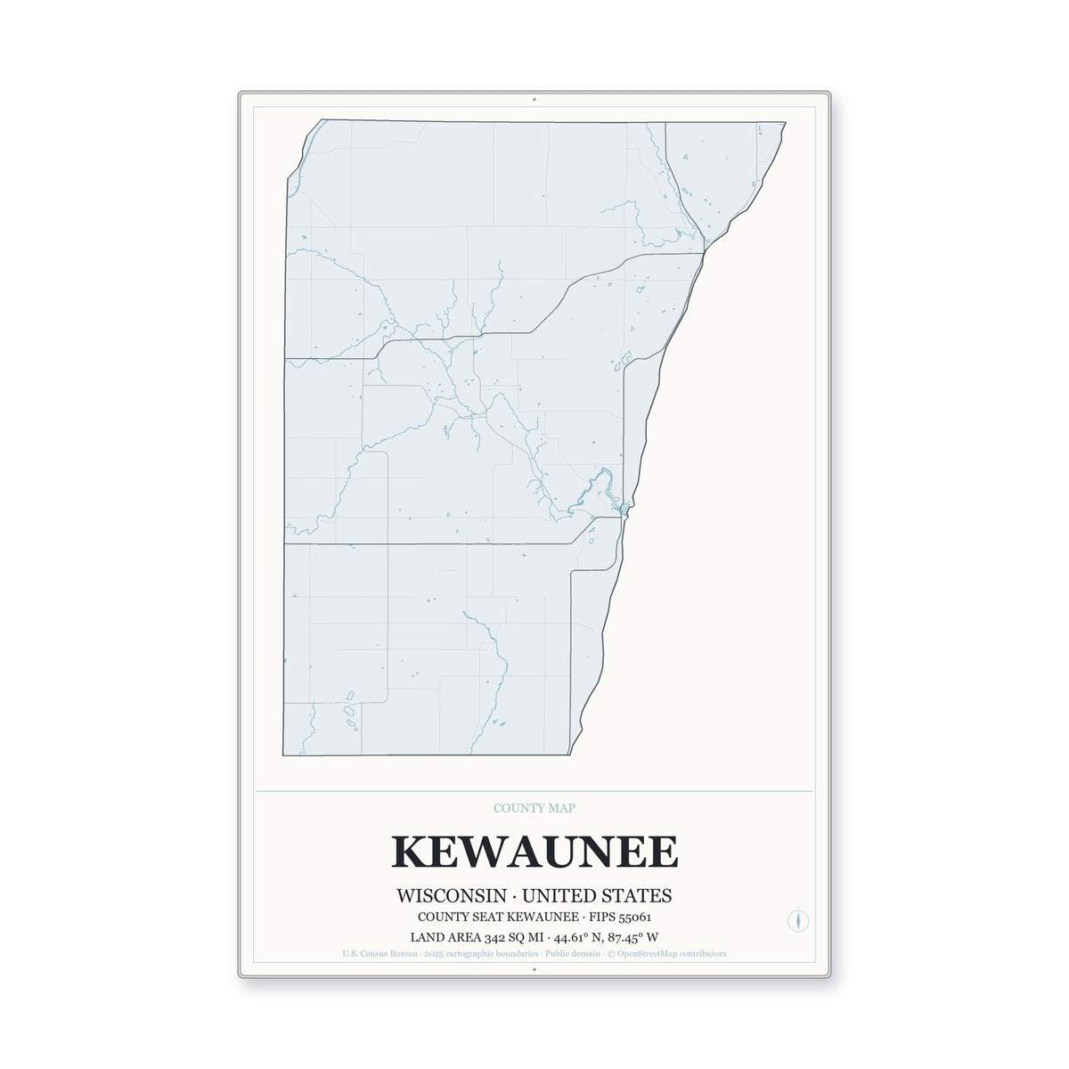 Kewaunee County, Wisconsin Map Aluminum Sign in Gallery Air style
