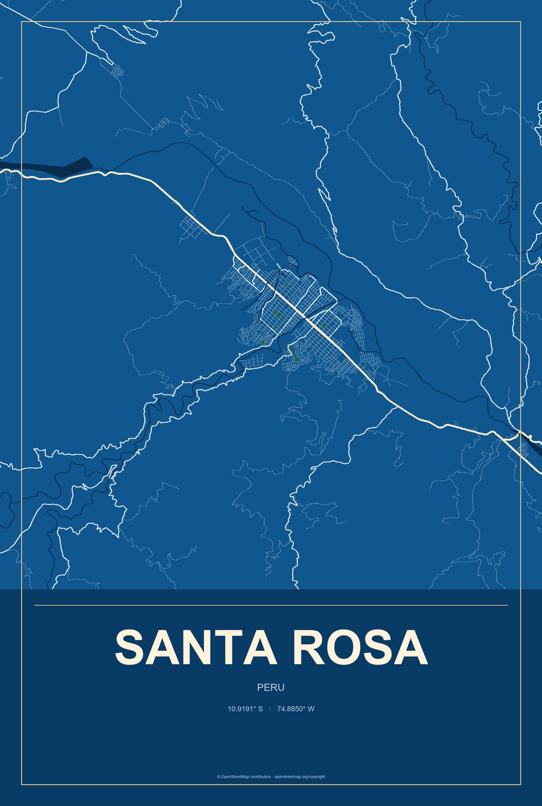 Santa Rosa, Junin, Peru City Map Aluminum Sign in Harbor Cobalt style