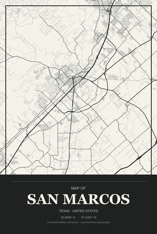 San Marcos, Texas City Map Aluminum Sign in Museum Plaque style