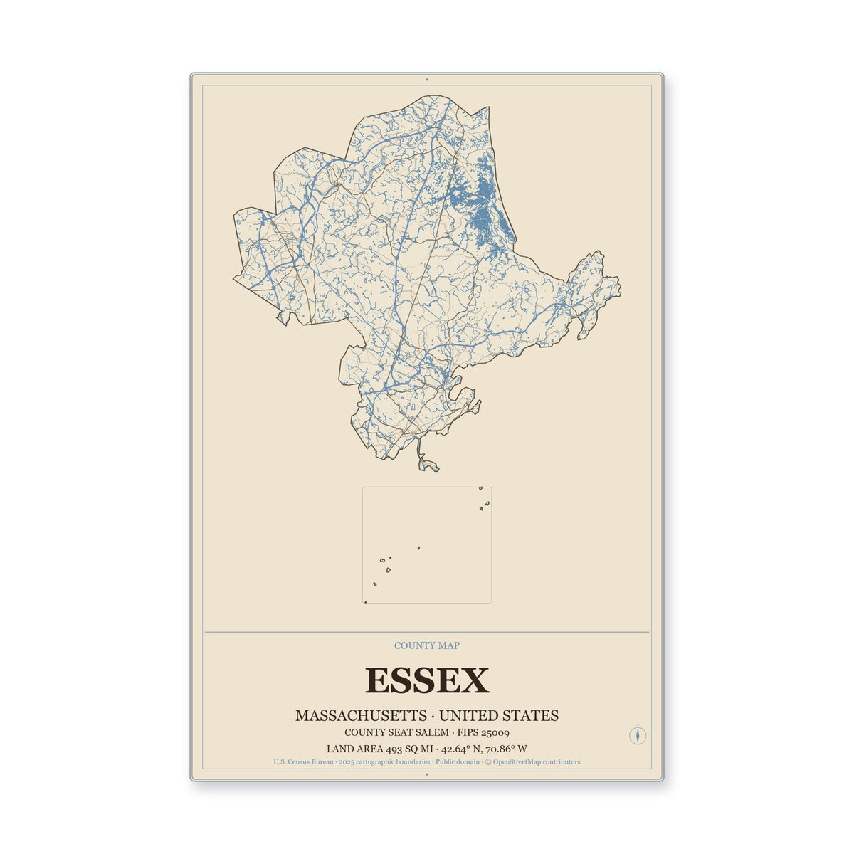 Essex County, Massachusetts Map Aluminum Sign in Heritage Nautical style