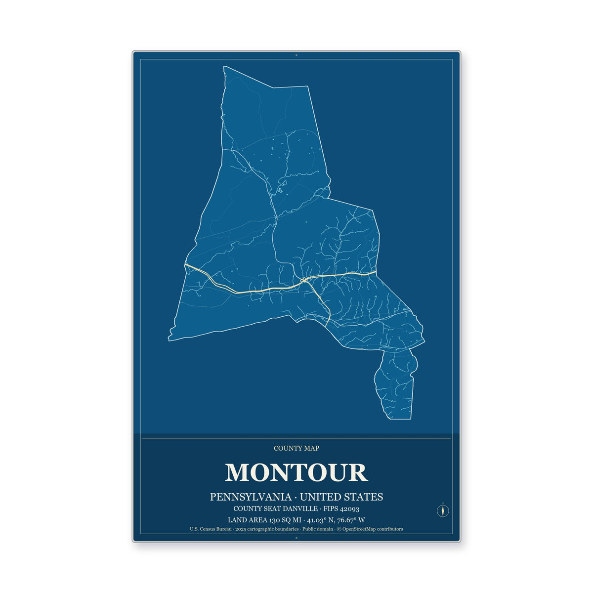Montour County, Pennsylvania Map Aluminum Sign in Harbor Cobalt style