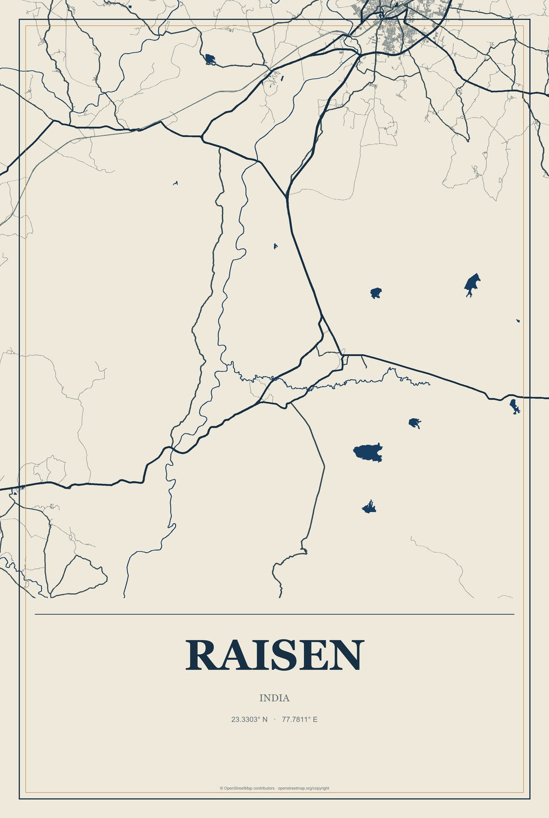 Raisen, India City Map Aluminum Sign in Coastal Cutout style