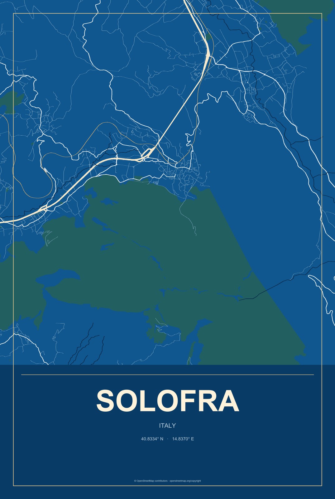 Solofra, Italy City Map Aluminum Sign in Harbor Cobalt style