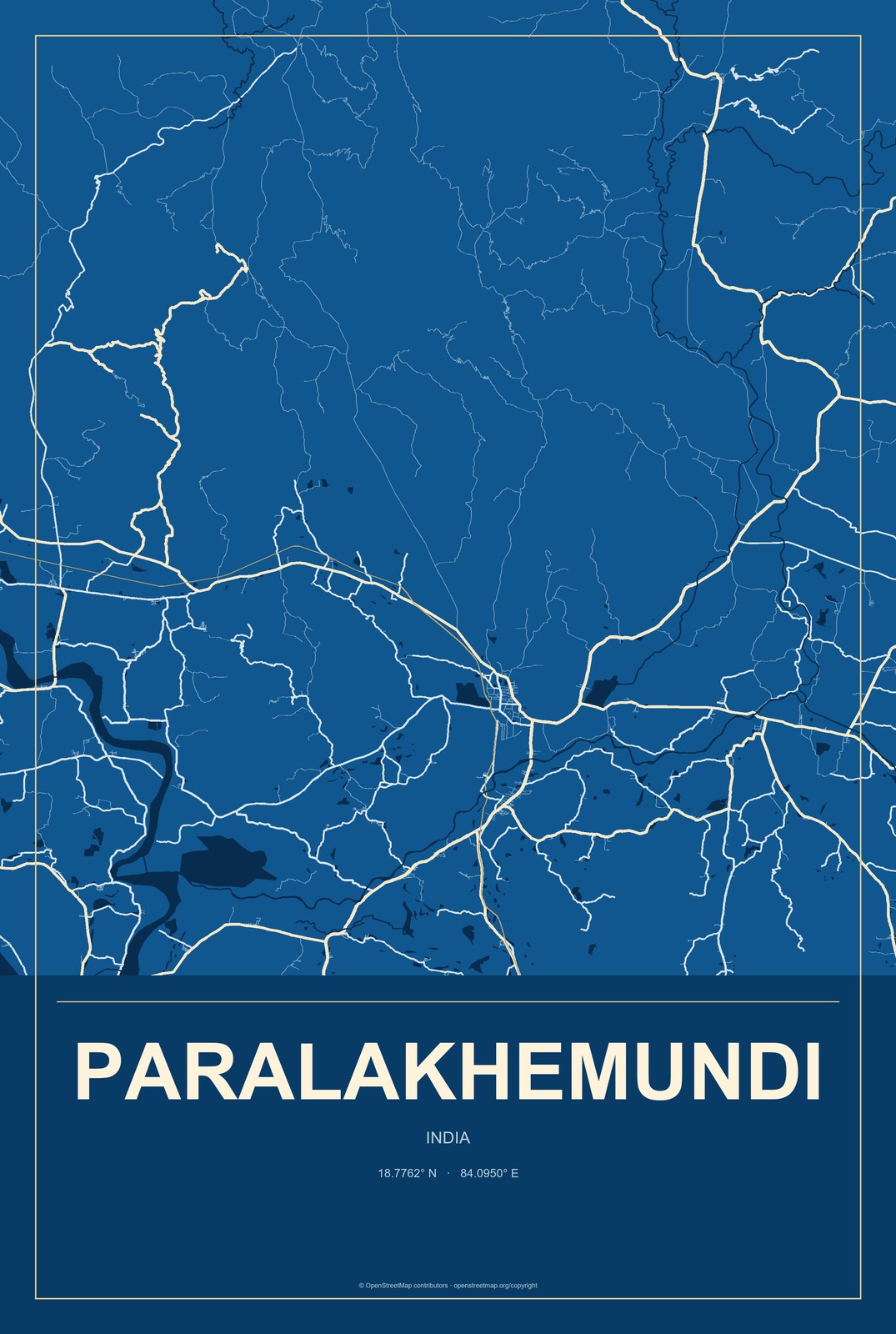 Paralakhemundi, India City Map Aluminum Sign in Harbor Cobalt style