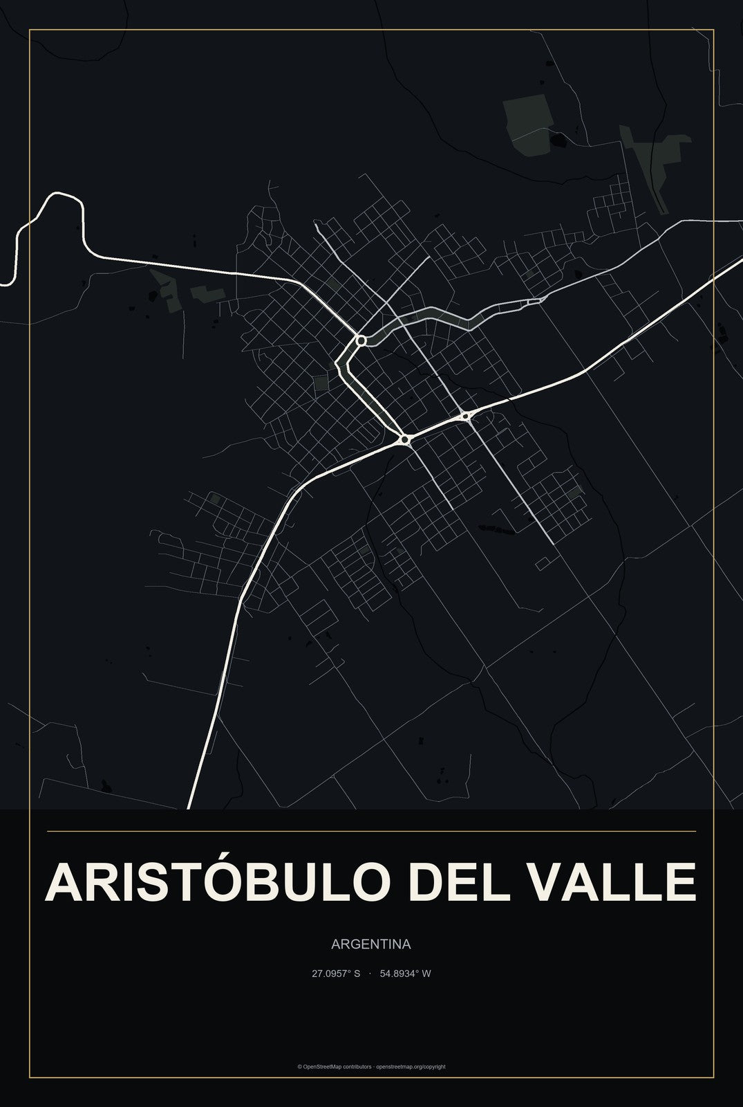 Aristóbulo del Valle, Argentina City Map Aluminum Sign in Metropolitan Noir style