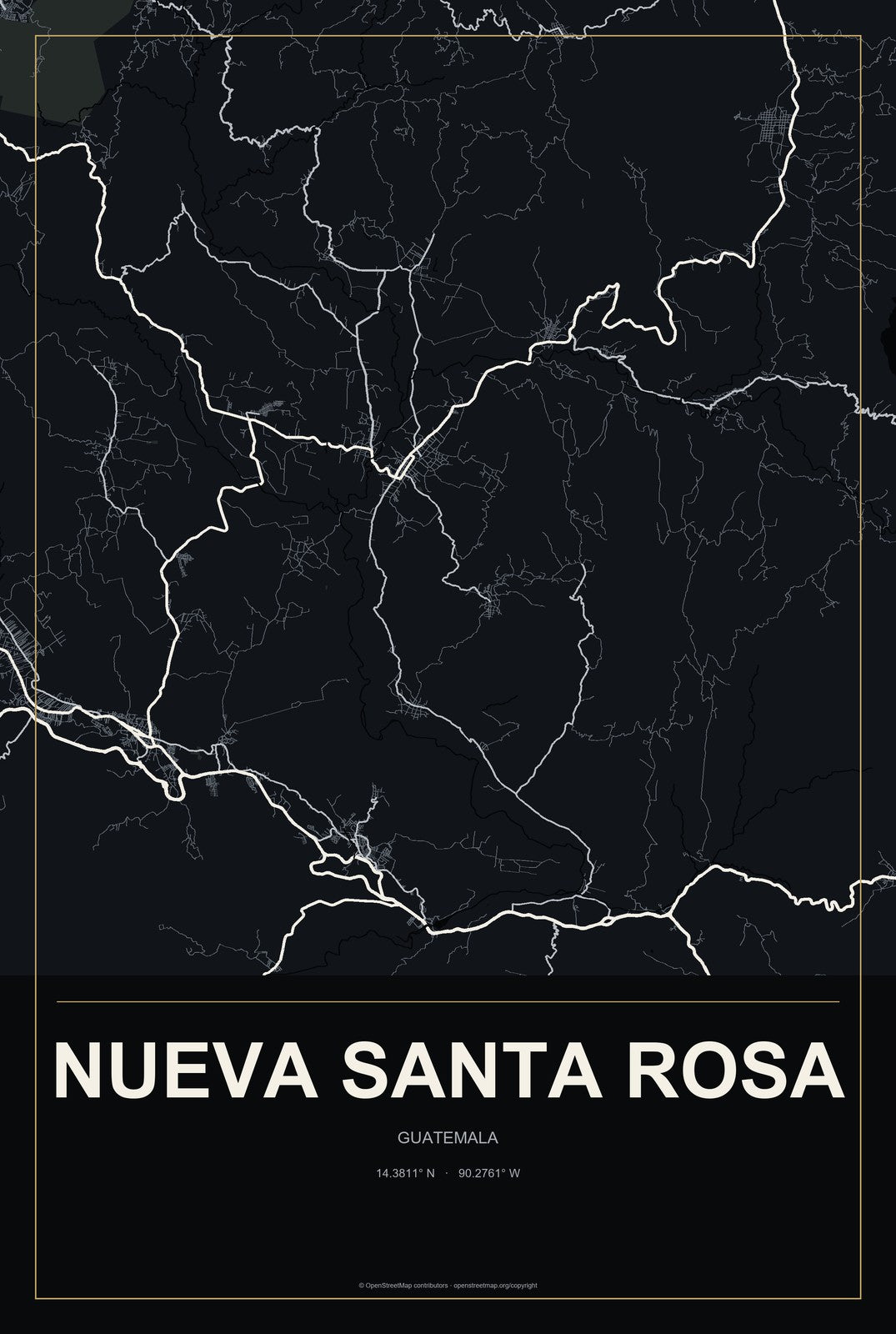 Nueva Santa Rosa, Guatemala City Map Aluminum Sign in Metropolitan Noir style