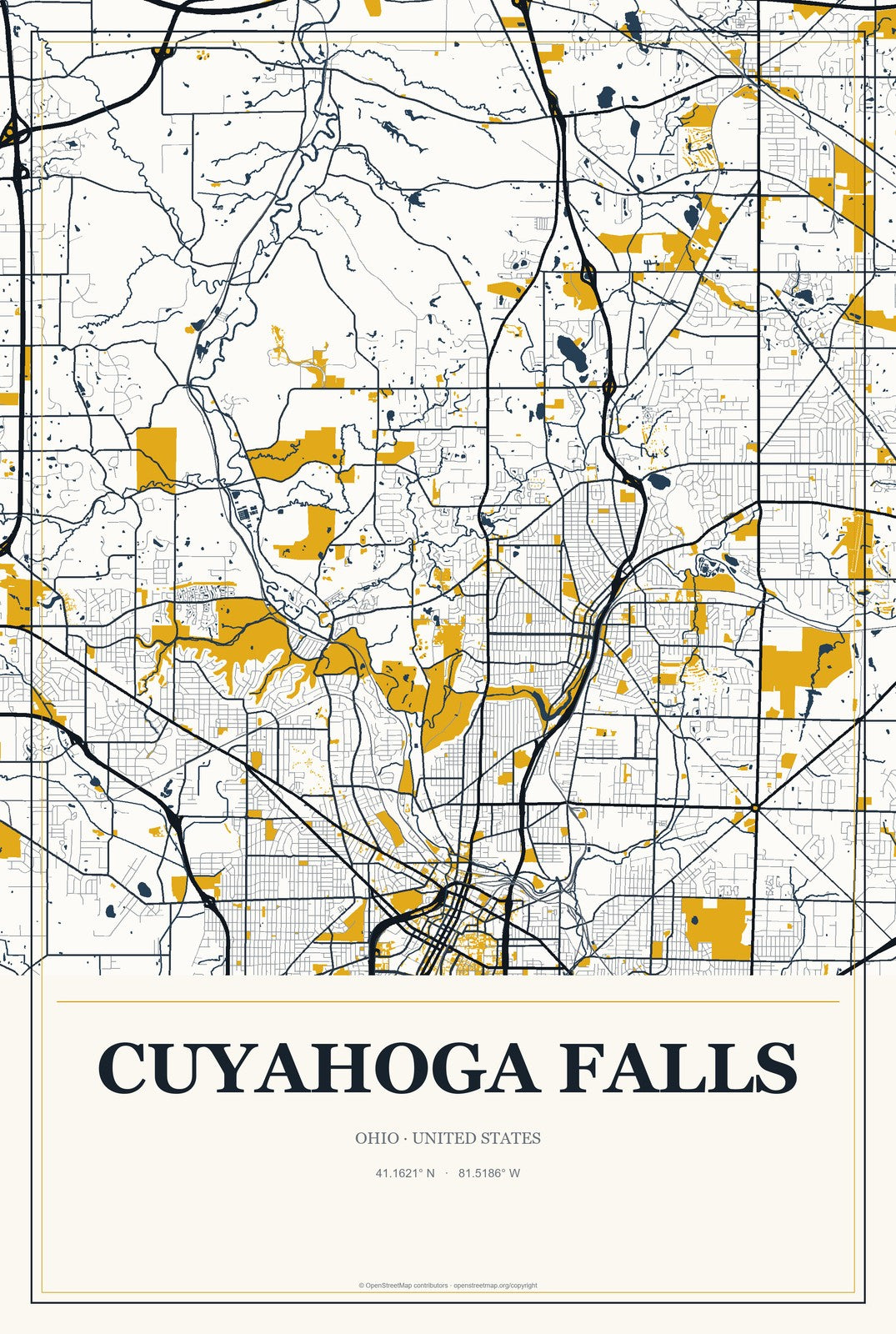 Cuyahoga Falls, Ohio City Map Aluminum Sign in Citrine Modern style
