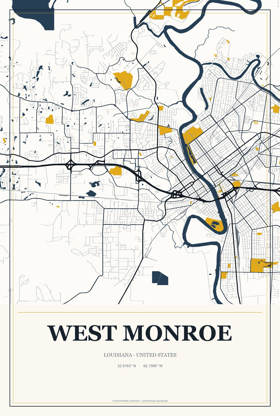 West Monroe, Louisiana City Map Aluminum Sign in Citrine Modern style