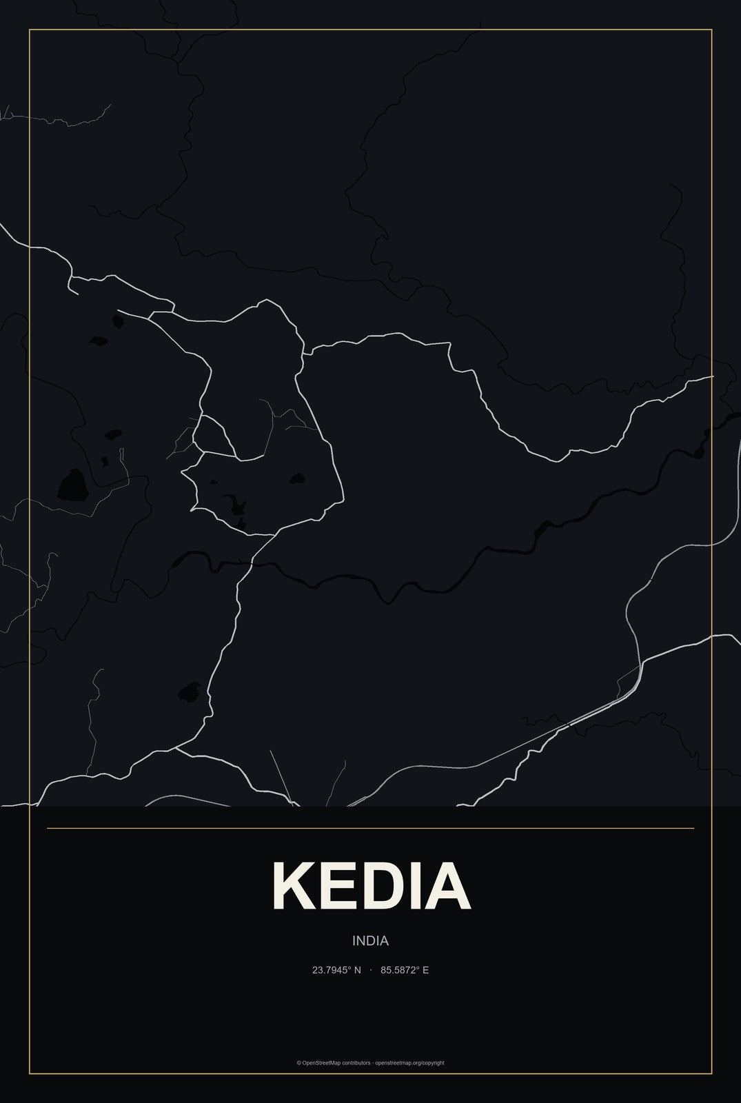 Kedia, India City Map Aluminum Sign in Metropolitan Noir style