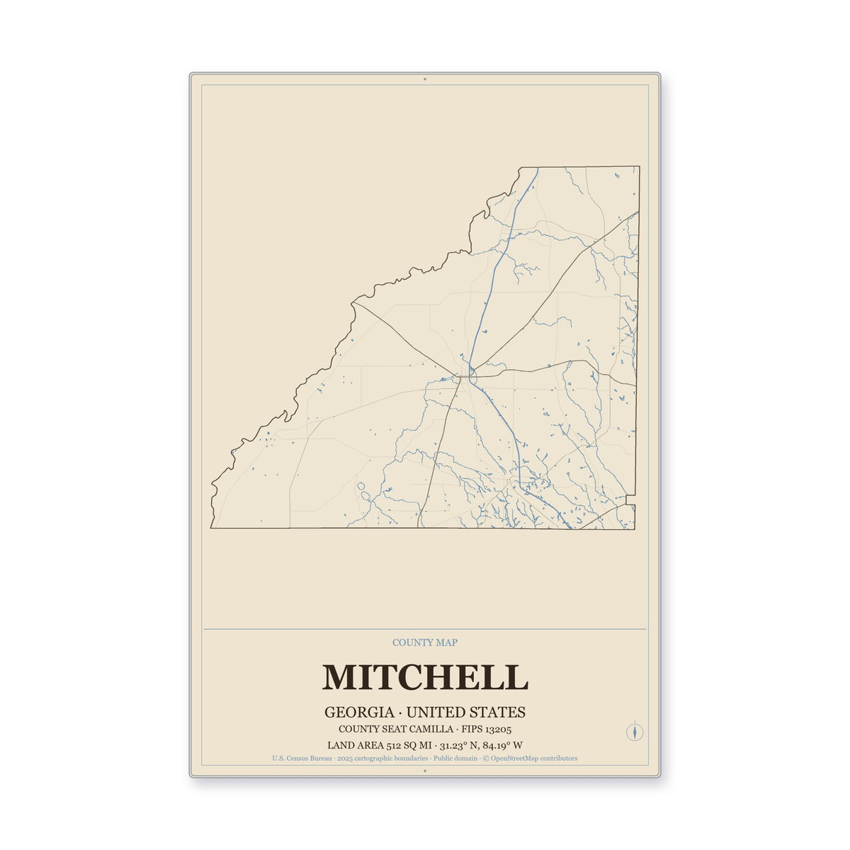 Mitchell County, Georgia Map Aluminum Sign in Heritage Nautical style