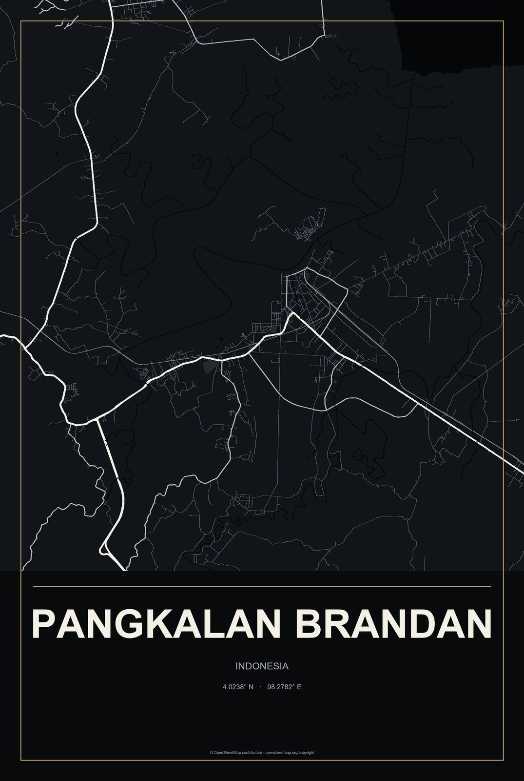Pangkalan Brandan, Indonesia City Map Aluminum Sign in Metropolitan Noir style