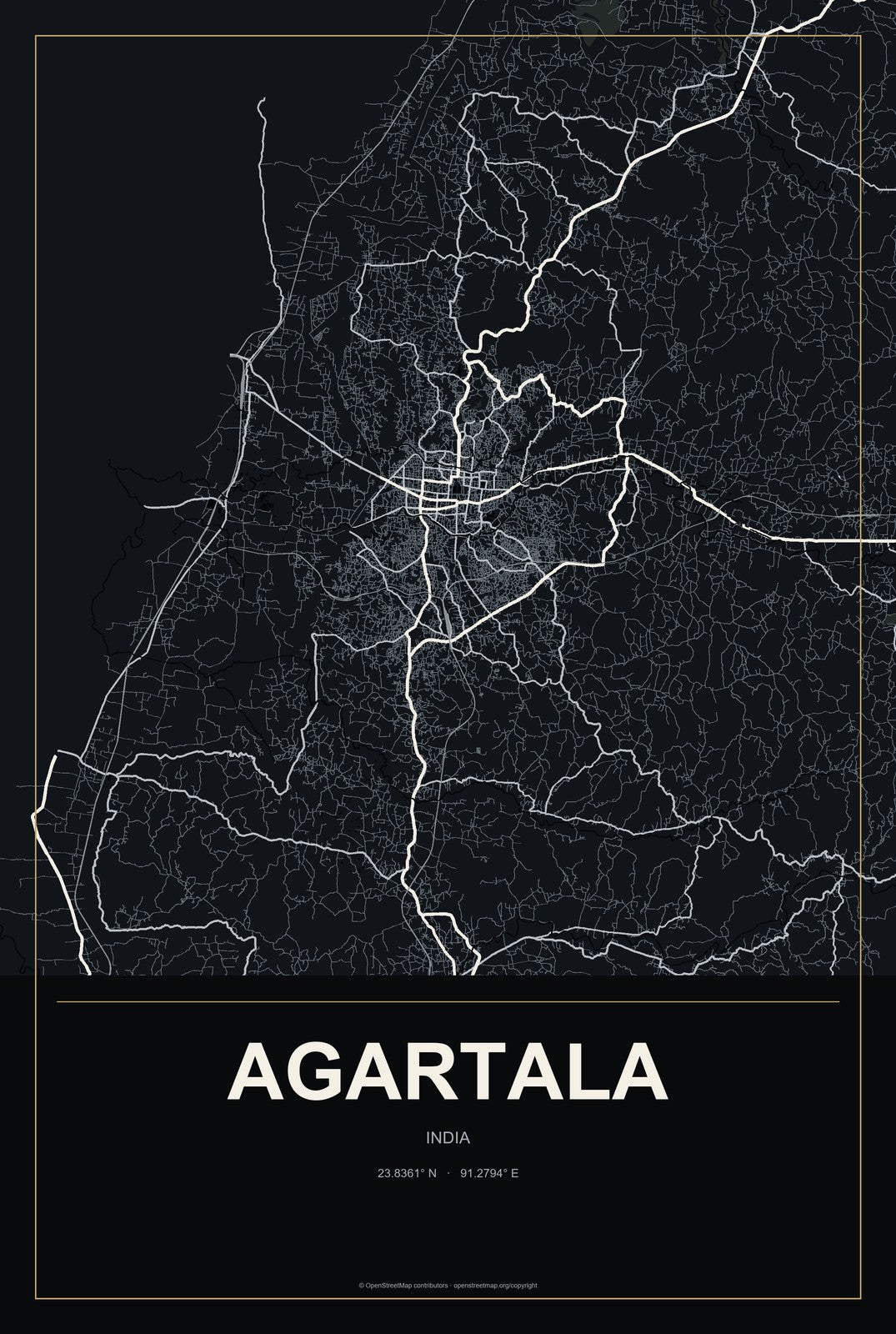 Agartala, India City Map Aluminum Sign in Metropolitan Noir style