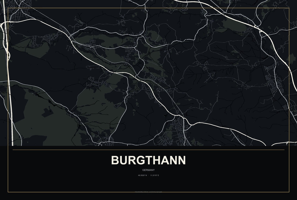 Burgthann, Germany City Map Aluminum Sign in Metropolitan Noir style