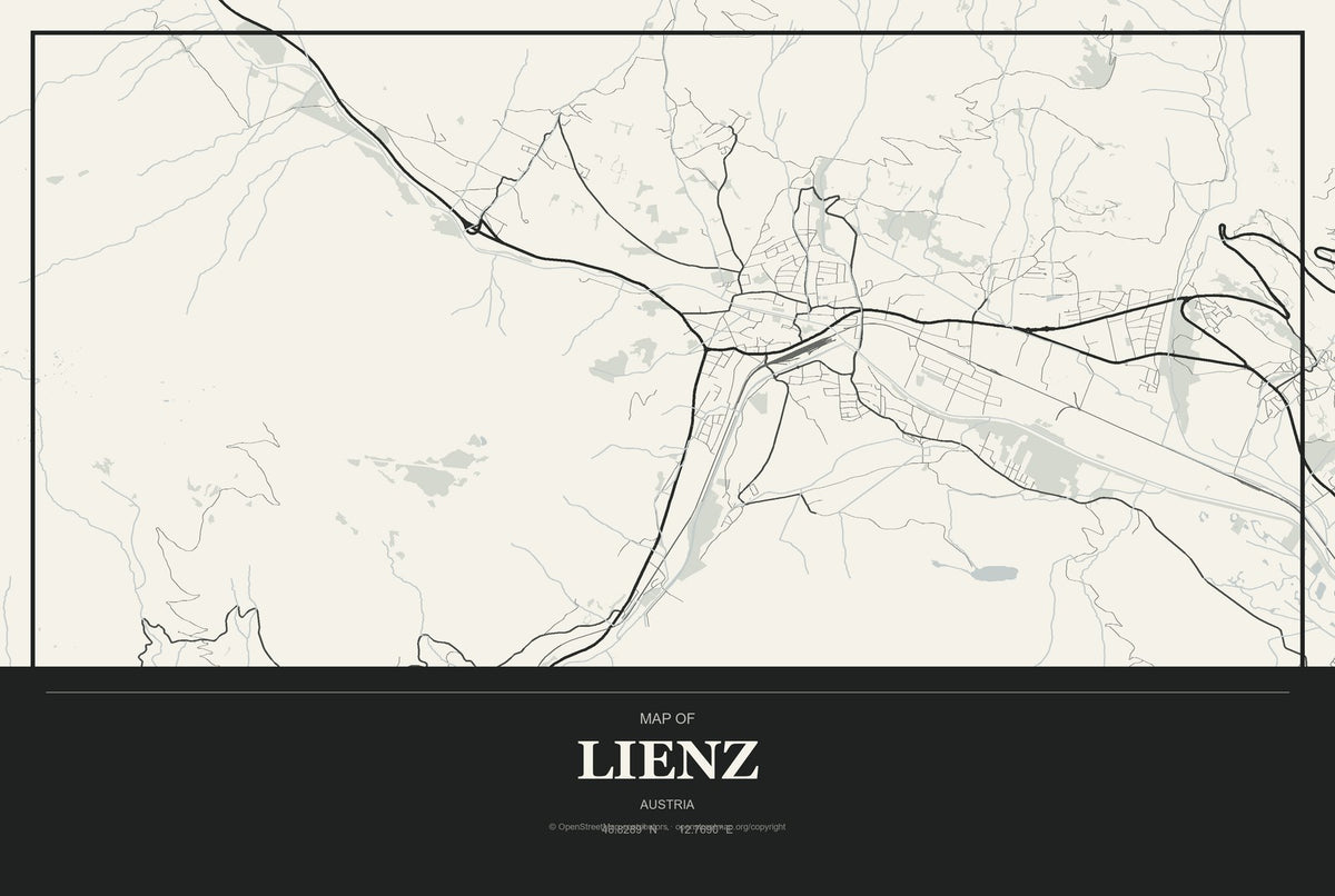 Lienz, Austria City Map Aluminum Sign in Museum Plaque style