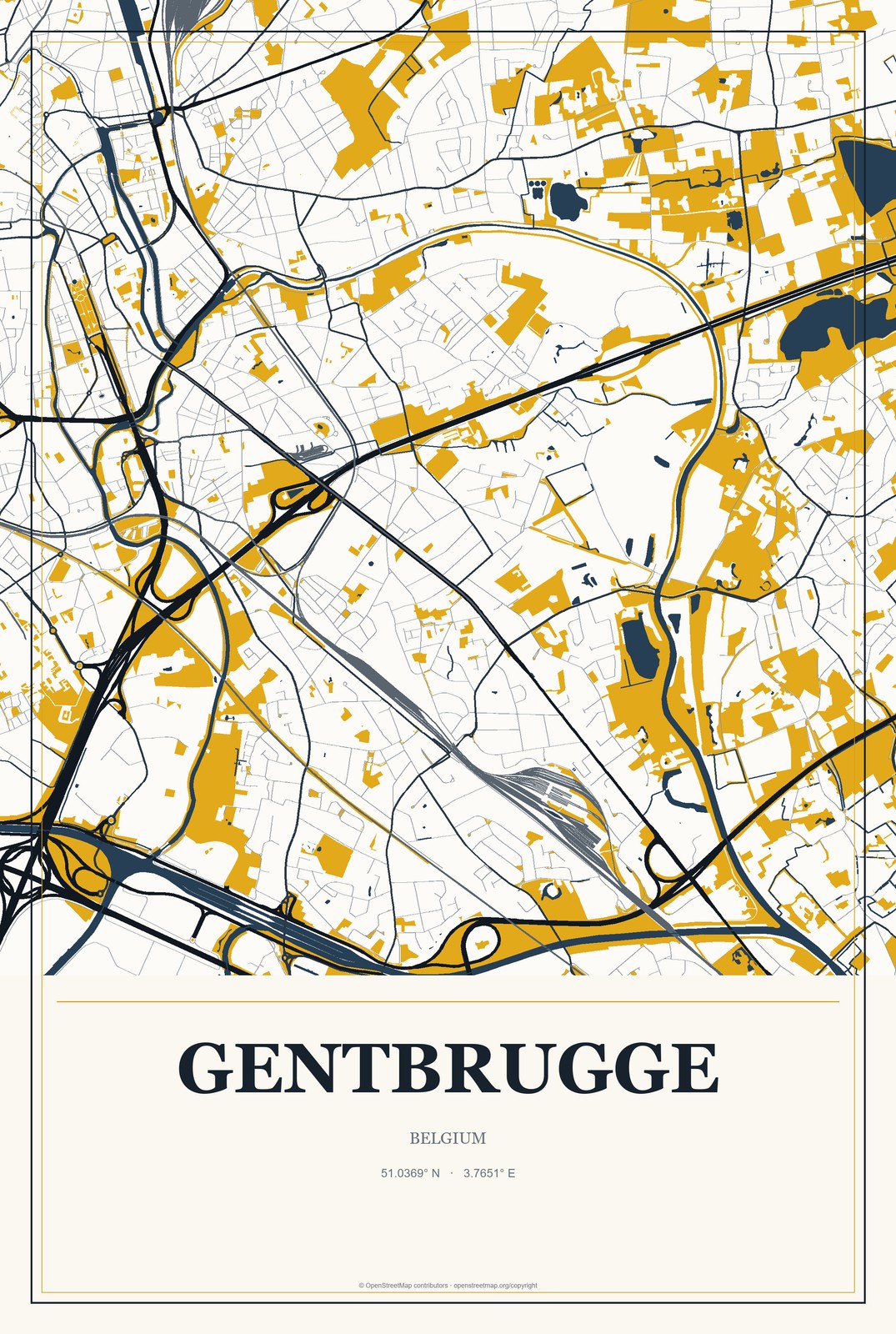 Gentbrugge, Belgium City Map Aluminum Sign in Citrine Modern style