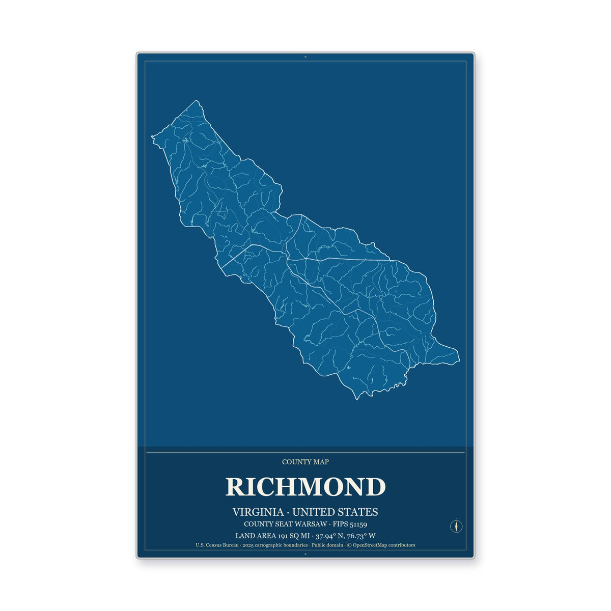 Richmond County, Virginia Map Aluminum Sign in Harbor Cobalt style