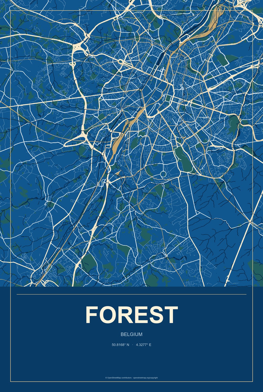 Forest, Belgium City Map Aluminum Sign in Harbor Cobalt style