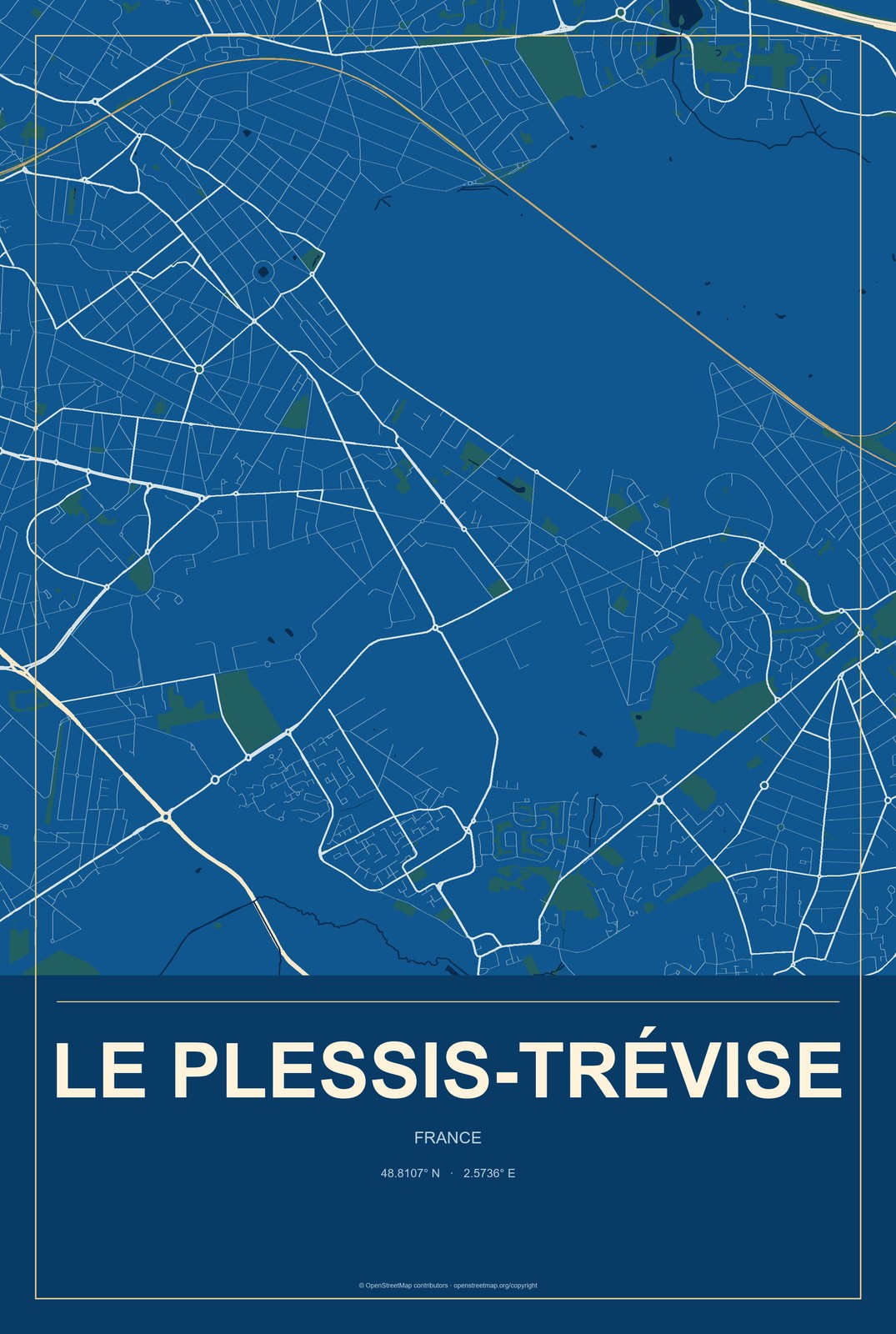 Le Plessis-Trévise, France City Map Aluminum Sign in Harbor Cobalt style