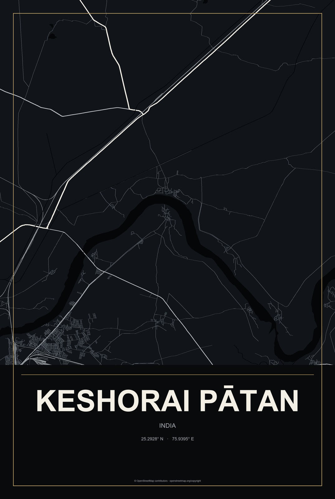 Keshorai Pātan, India City Map Aluminum Sign in Metropolitan Noir style