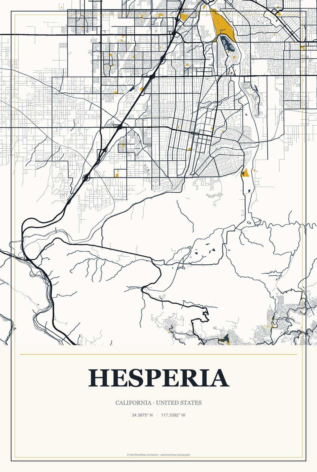 Hesperia, California City Map Aluminum Sign in Citrine Modern style