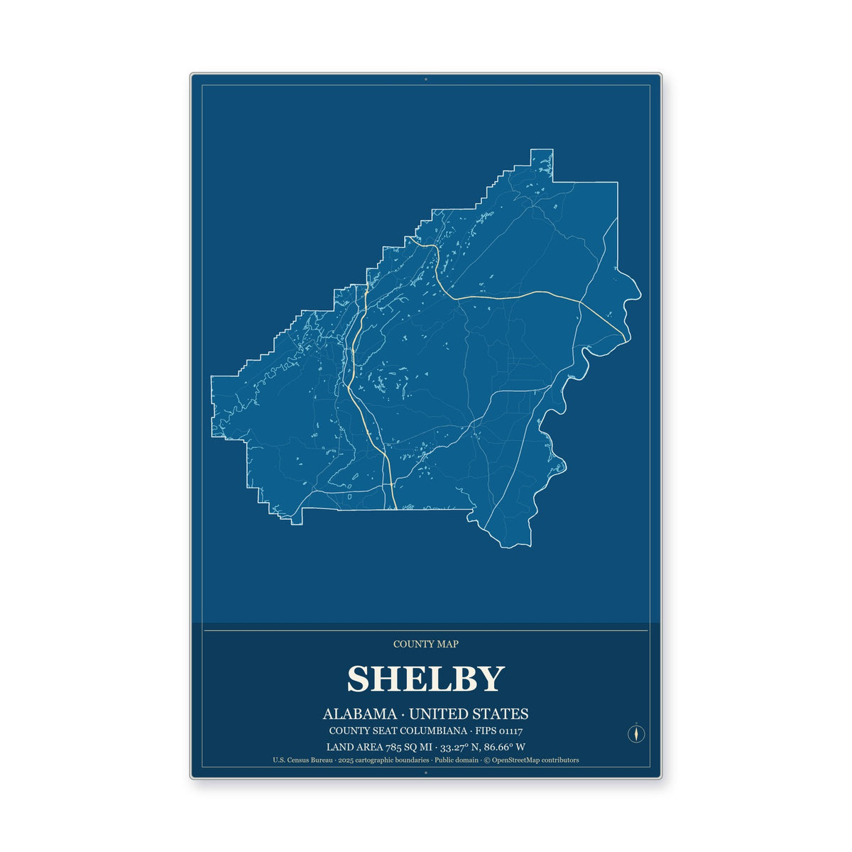 Shelby County, Alabama Map Aluminum Sign in Harbor Cobalt style