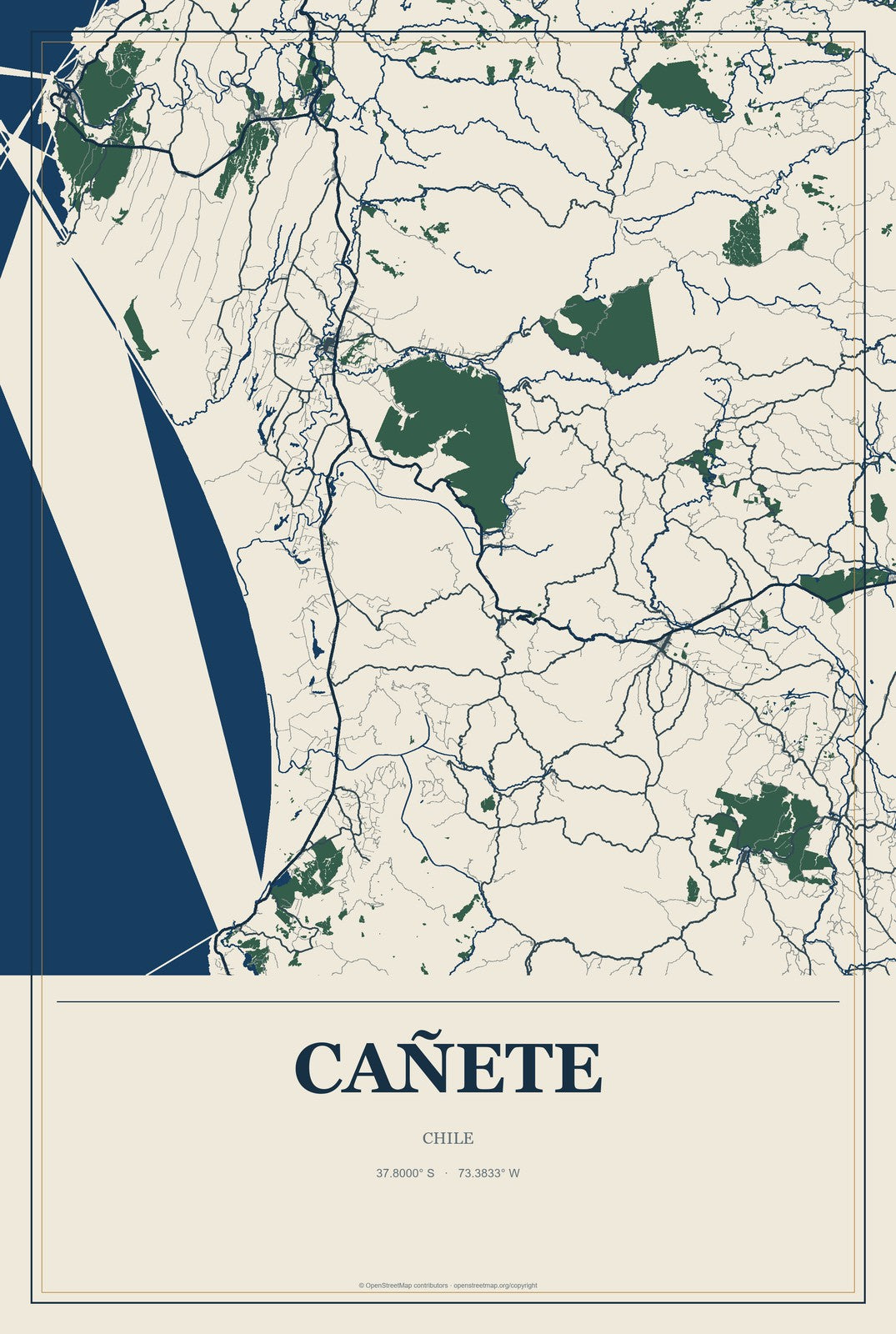Cañete, Chile City Map Aluminum Sign in Coastal Cutout style