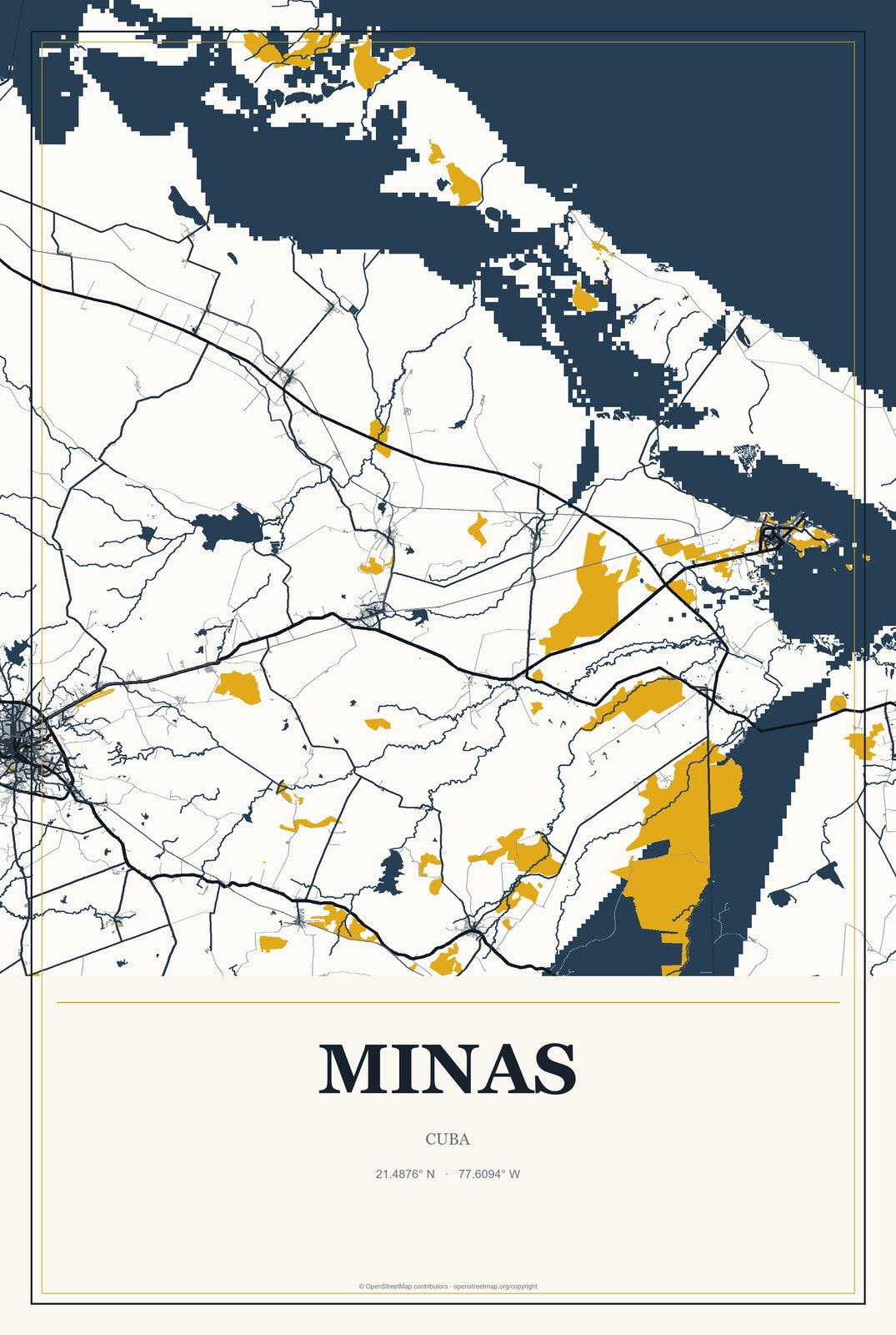 Minas, Cuba City Map Aluminum Sign in Citrine Modern style