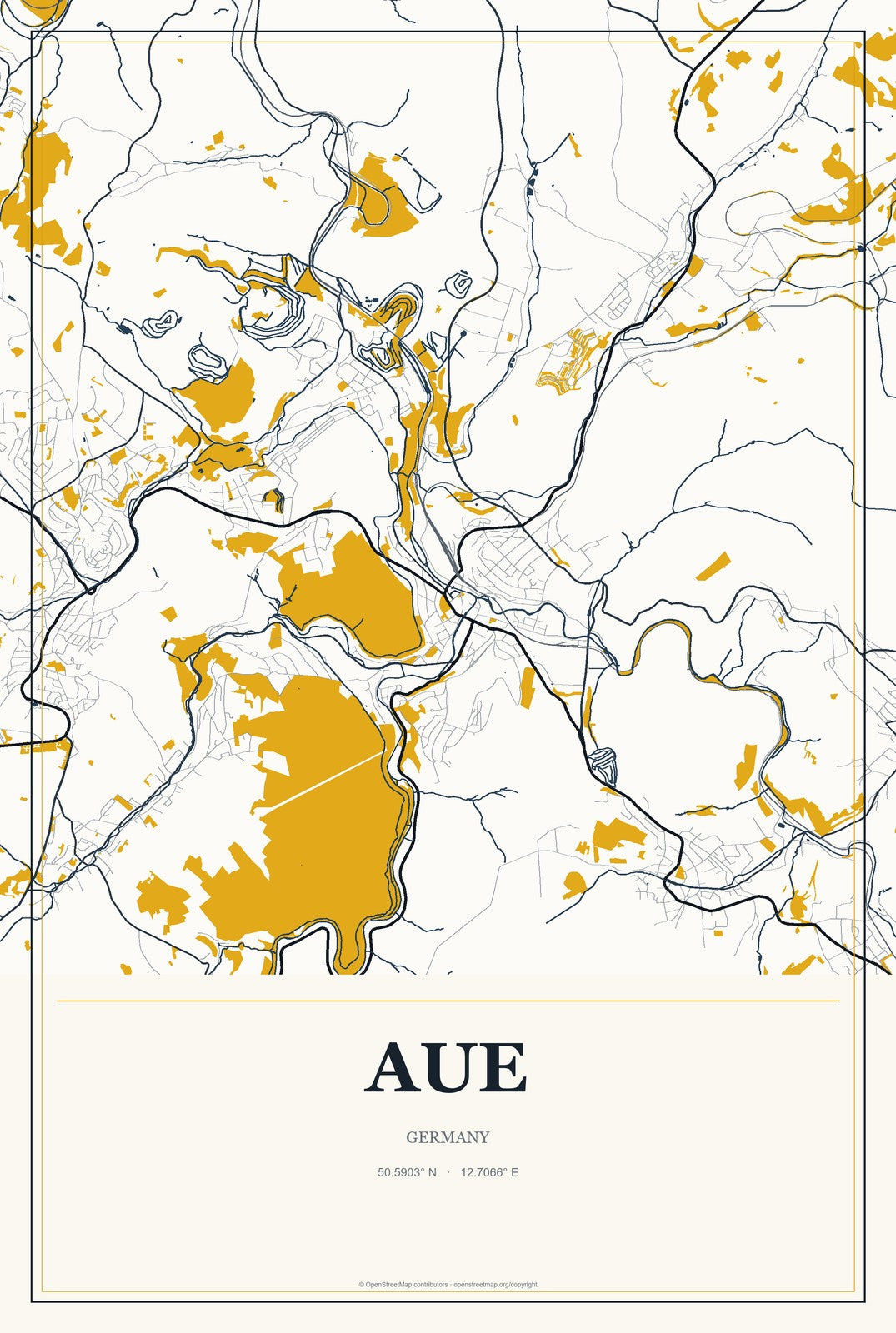 Aue, Germany City Map Aluminum Sign in Citrine Modern style