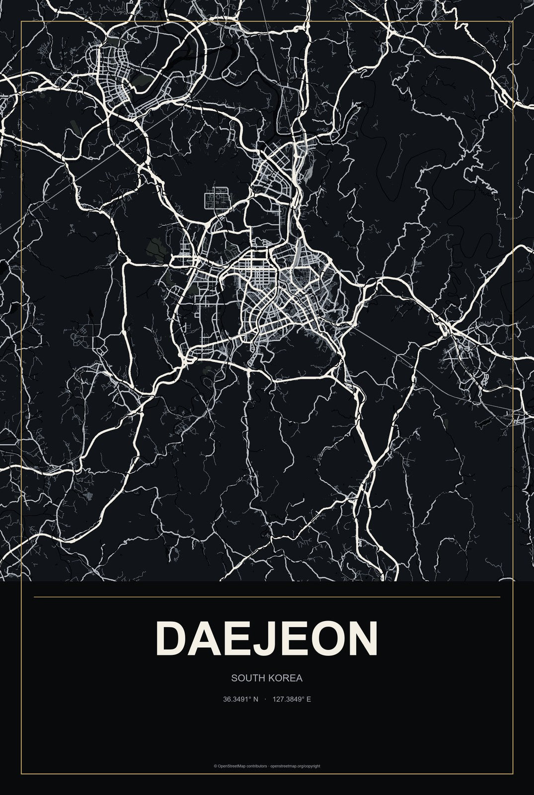 Daejeon, South Korea City Map Aluminum Sign in Metropolitan Noir style