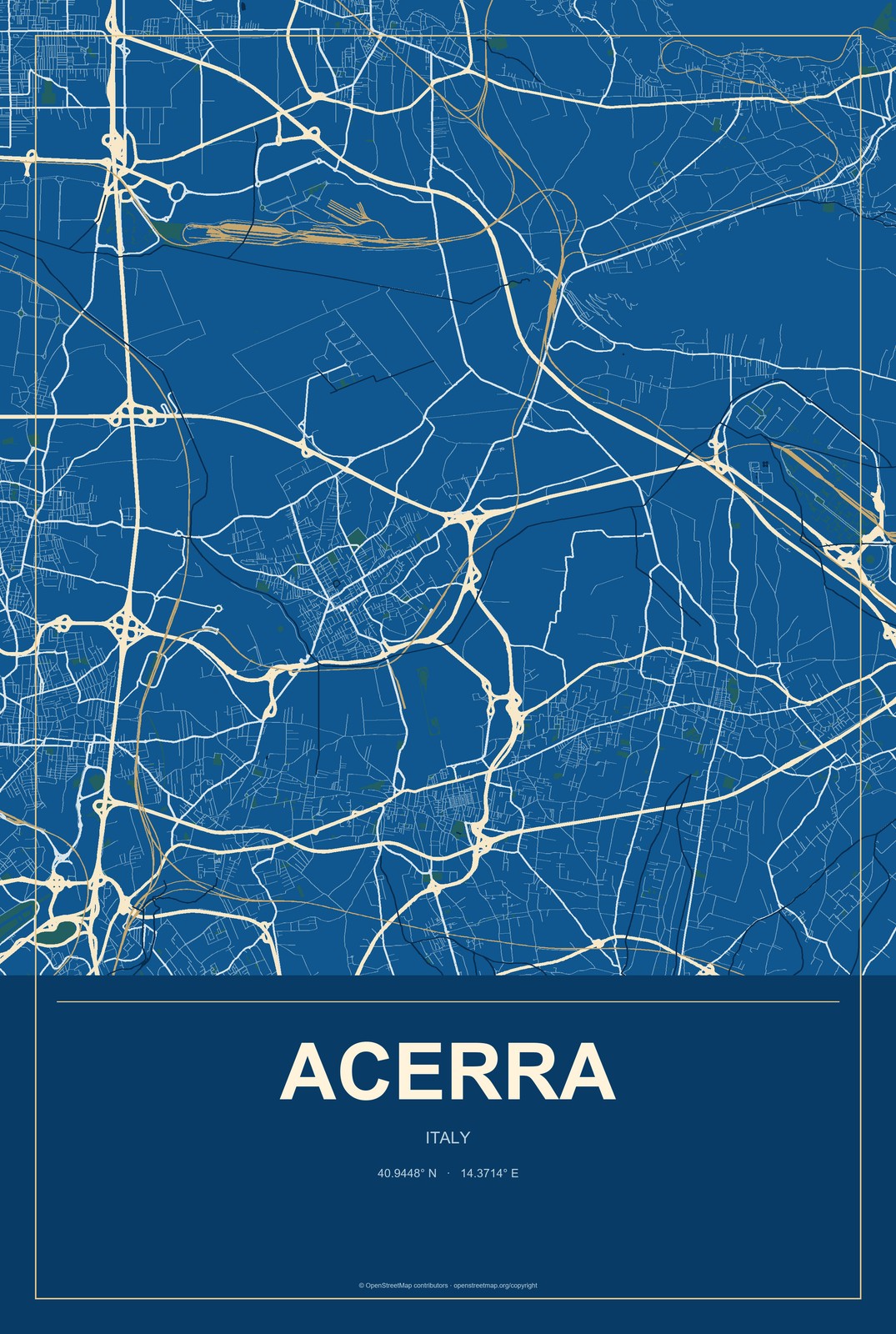 Acerra, Italy City Map Aluminum Sign in Harbor Cobalt style