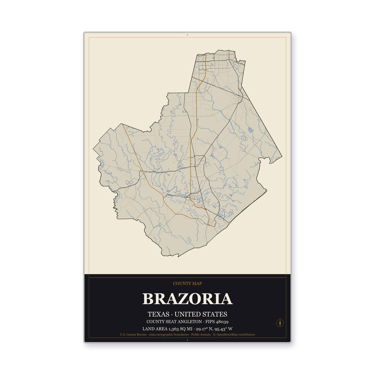 Brazoria County, Texas Map Aluminum Sign in Museum Plaque style