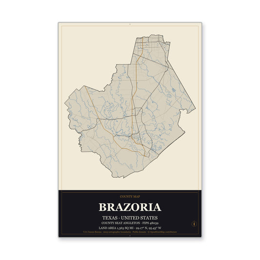 Brazoria County, Texas Map Aluminum Sign in Museum Plaque style