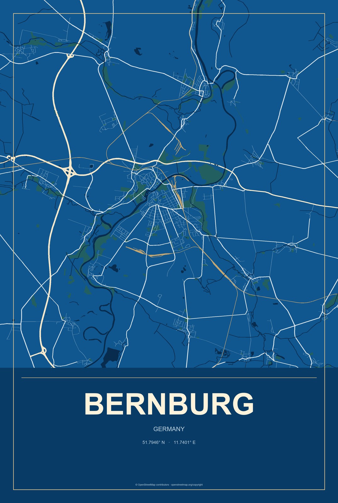 Bernburg, Germany City Map Aluminum Sign in Harbor Cobalt style
