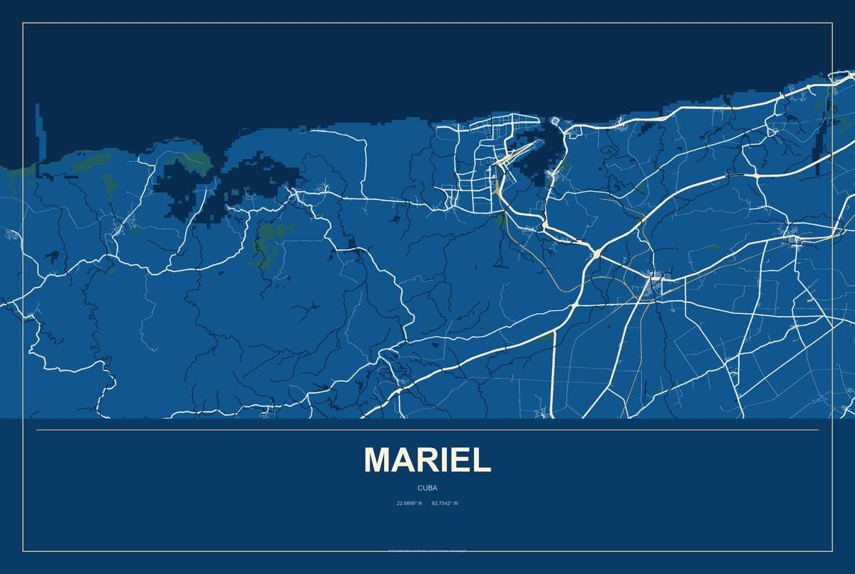 Mariel, Cuba City Map Aluminum Sign in Harbor Cobalt style