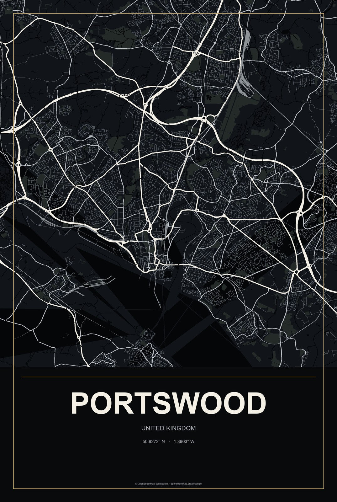 Portswood, United Kingdom City Map Aluminum Sign in Metropolitan Noir style