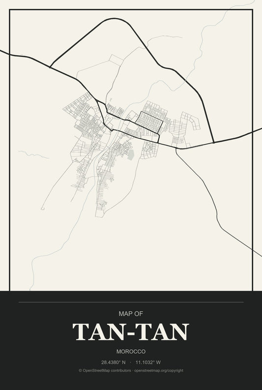 Tan-Tan, Morocco City Map Aluminum Sign in Museum Plaque style
