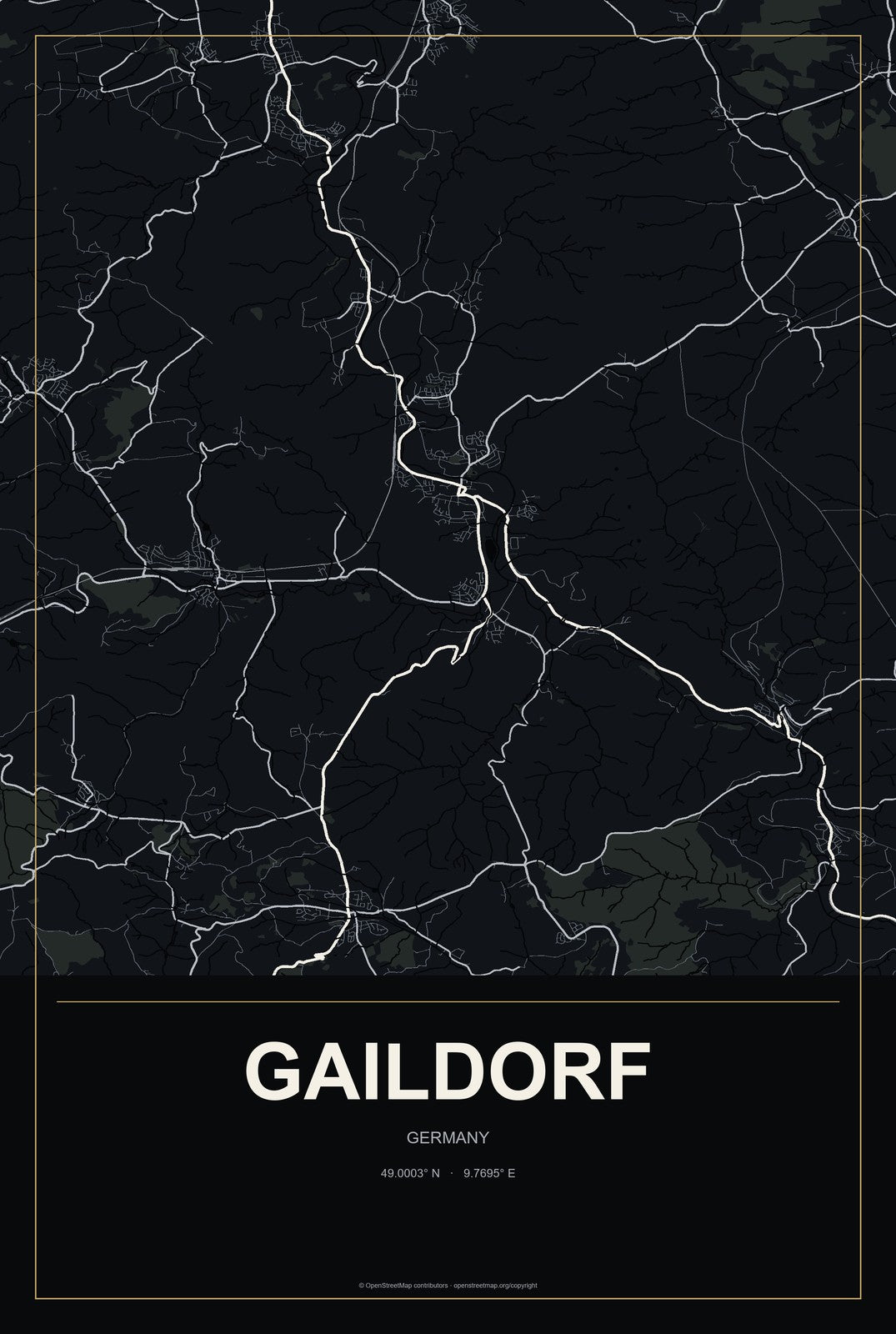 Gaildorf, Germany City Map Aluminum Sign in Metropolitan Noir style