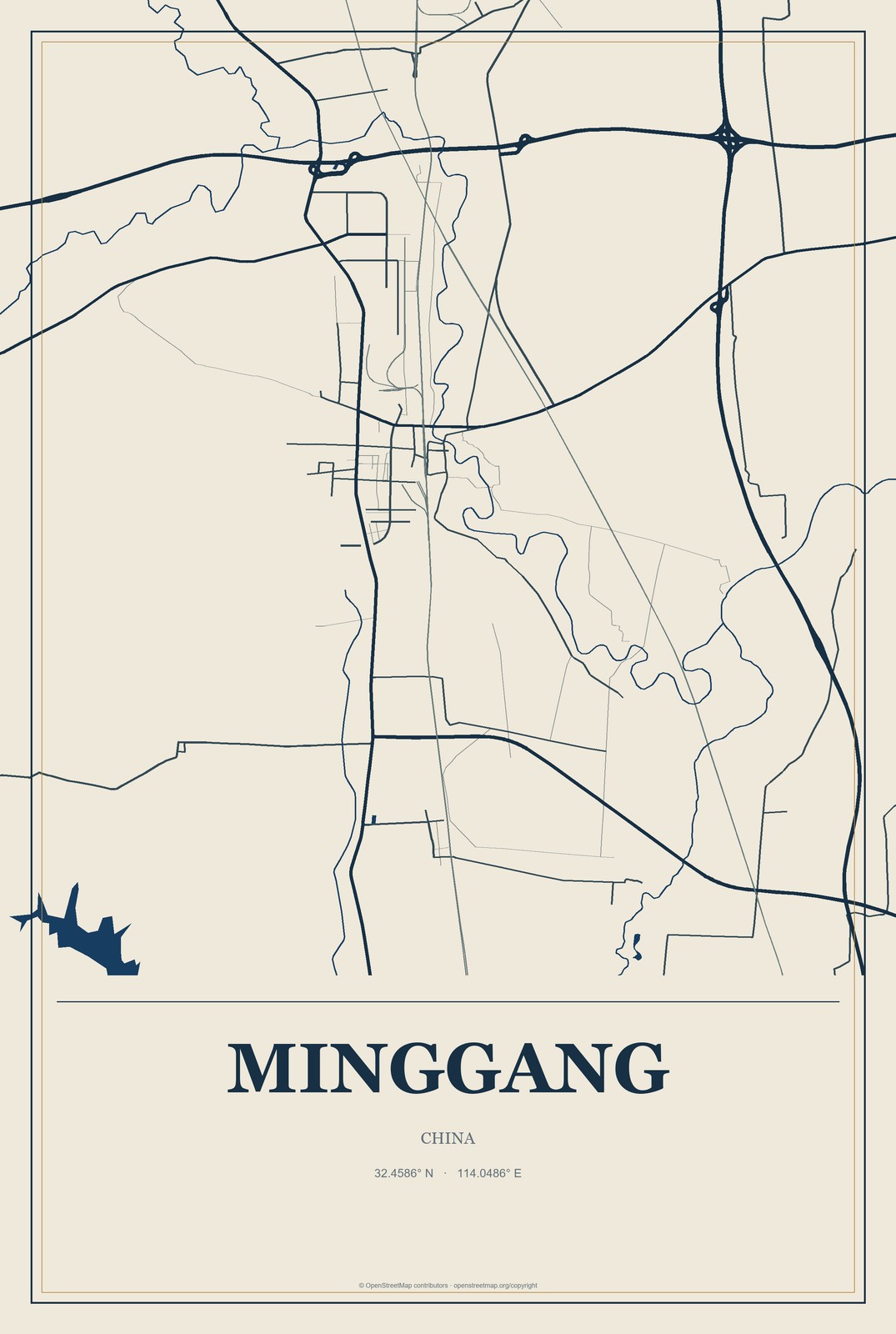 Minggang, China City Map Aluminum Sign in Coastal Cutout style