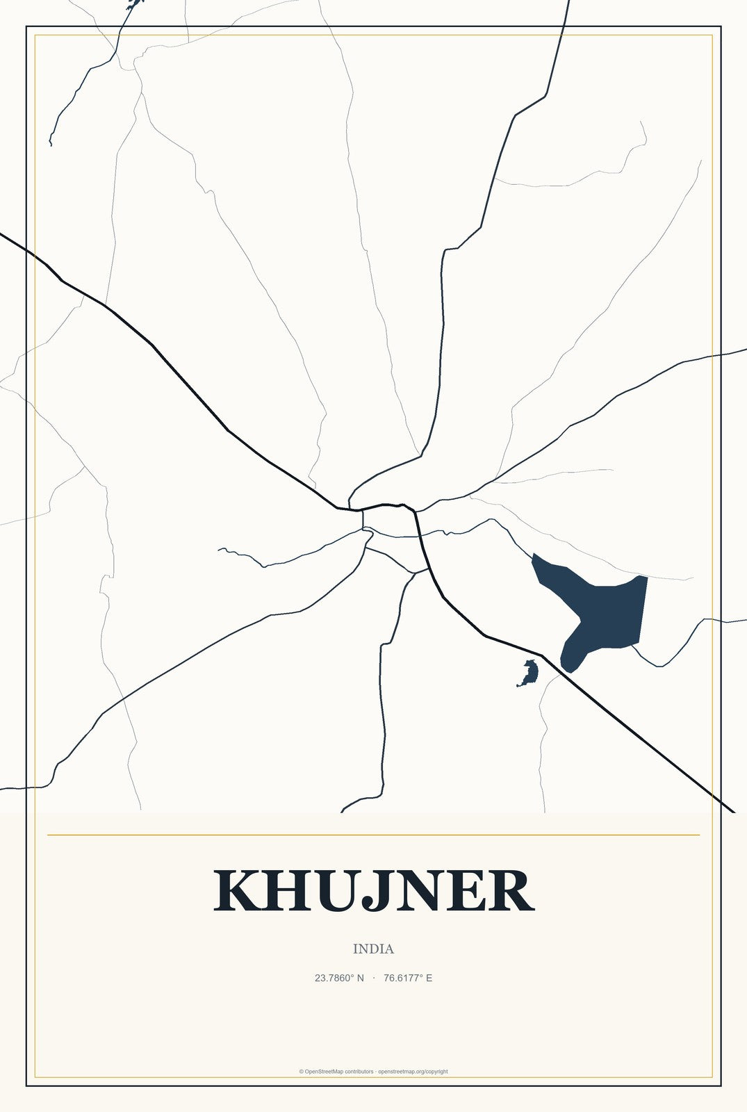 Khujner, India City Map Aluminum Sign in Citrine Modern style