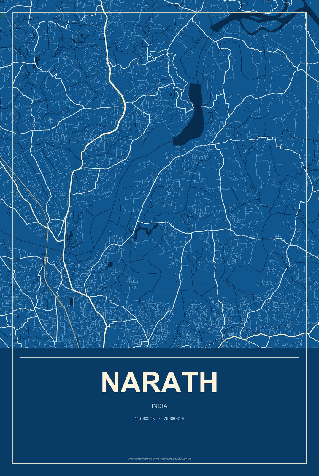 Narath, India City Map Aluminum Sign in Harbor Cobalt style