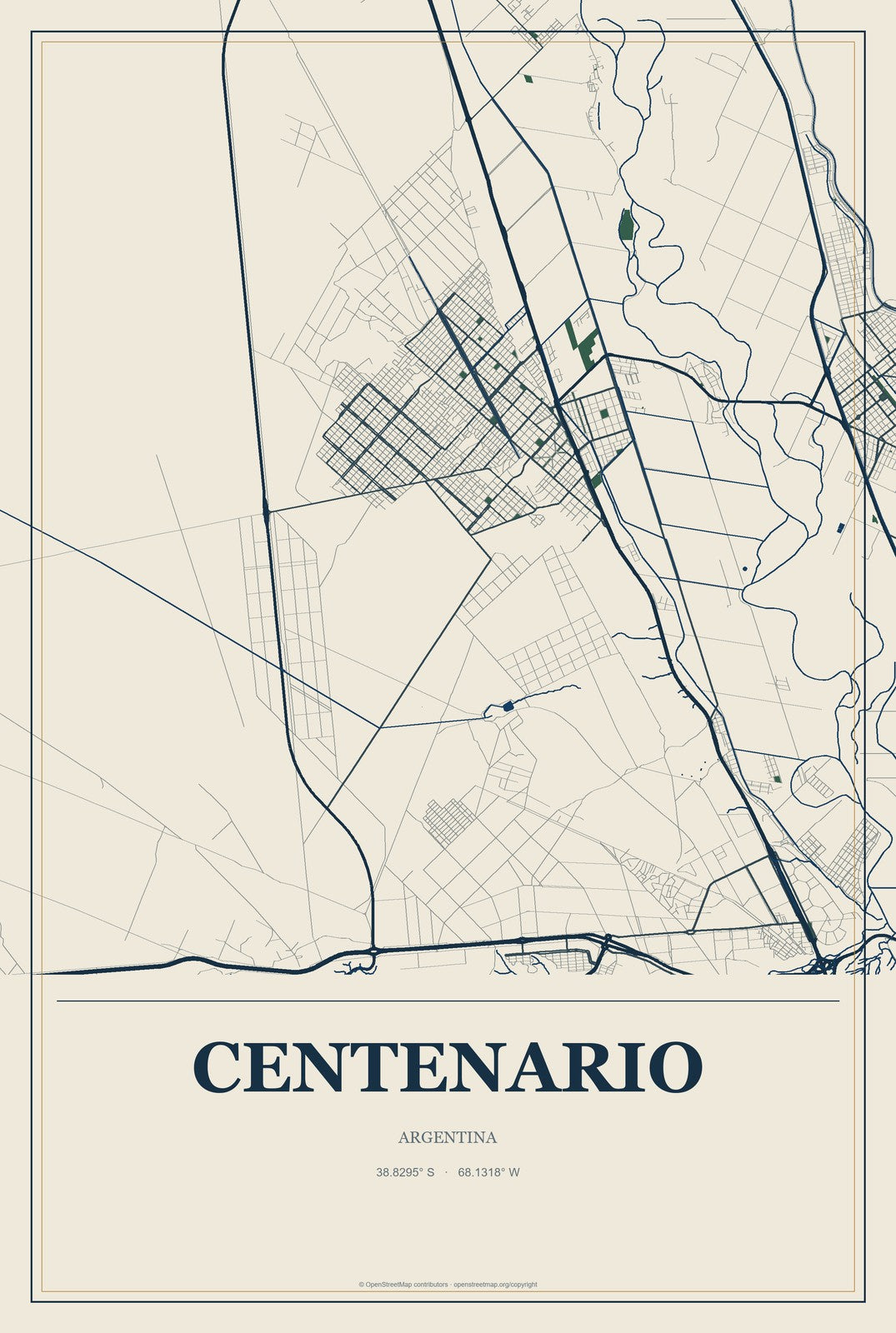 Centenario, Argentina City Map Aluminum Sign in Coastal Cutout style